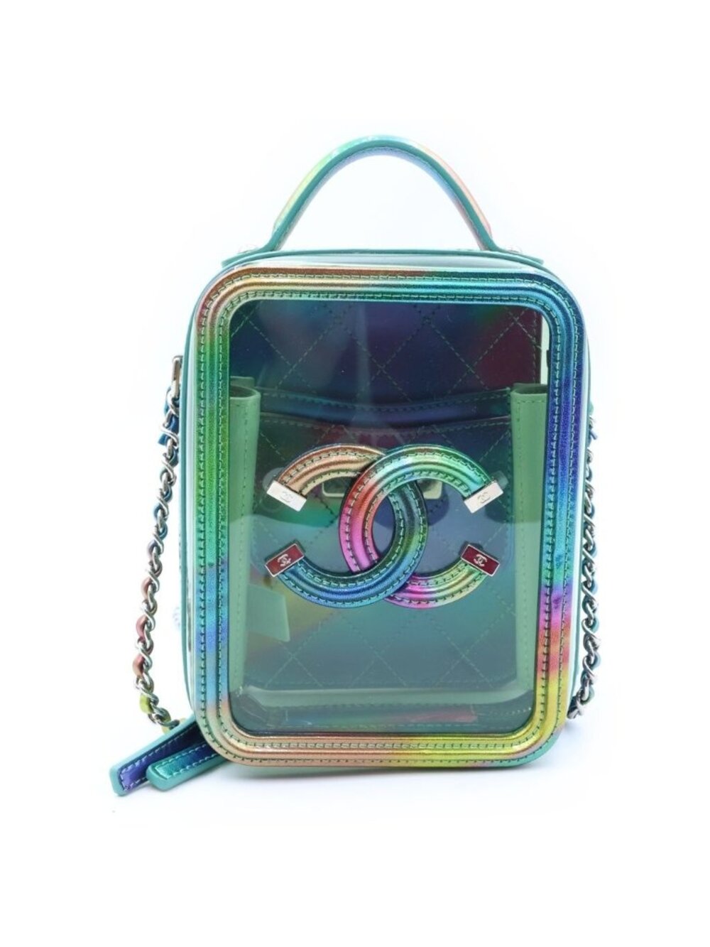 Chanel CC Filigree Shoulder Bag Vinyl Patent Leather Silver Rainbow